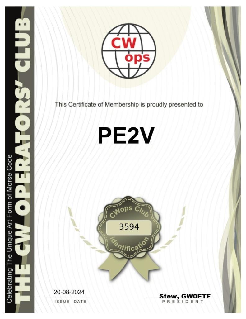 CWops certificaat membership 3594 PE2V